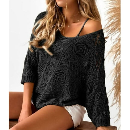 🎁New arrival 50% OFF💥Women's Summer Crochet Openwork 3/4 Sleeve Pullover Knit Top