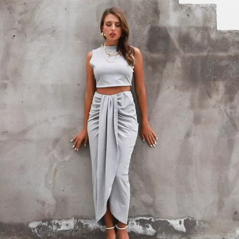 Sleeveless Crop Top & Draped High Slit Skirt Outfit