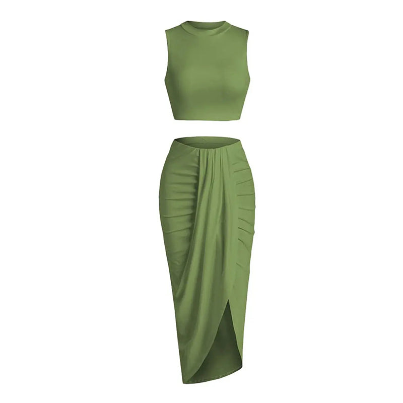 Sleeveless Crop Top & Draped High Slit Skirt Outfit