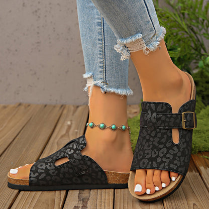 Leopard Print Buckle Platform Slippers