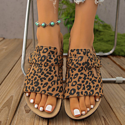 Leopard Print Buckle Platform Slippers