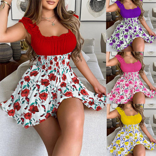 Summer Floral Print Smocked Waist Mini Dress