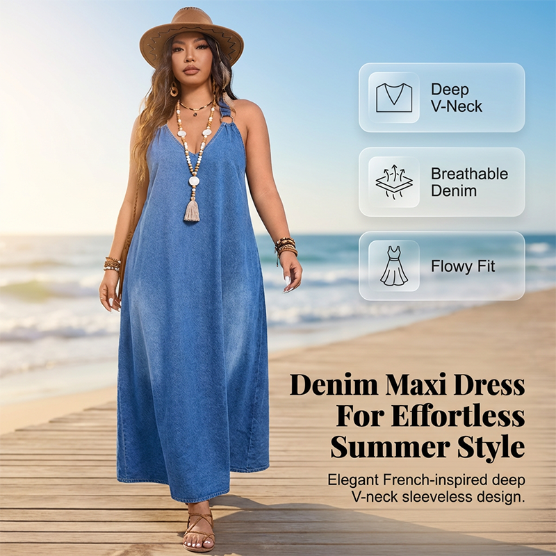 Casual Loose Fit V-Neck Denim Maxi Dress – Comfortable, Versatile & Perfect for Everyday Wear 🌸