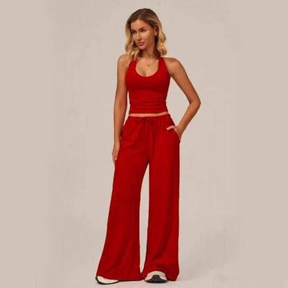 Women's Halter Neck Crop Top and Wide Leg Pants Set