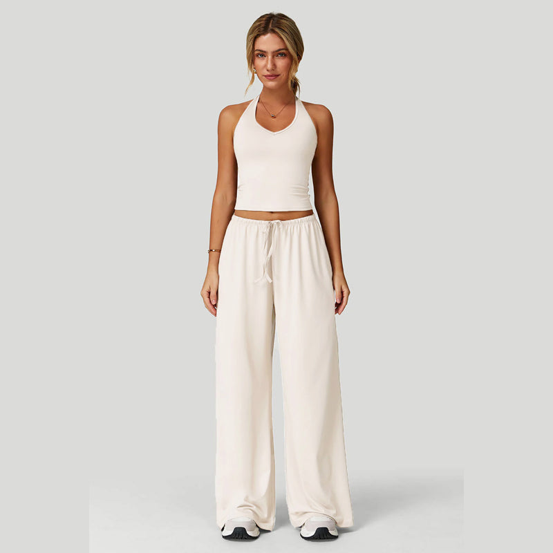 Women's Halter Neck Crop Top and Wide Leg Pants Set
