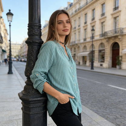 Women's V-Neck Striped Button-Down Shirt