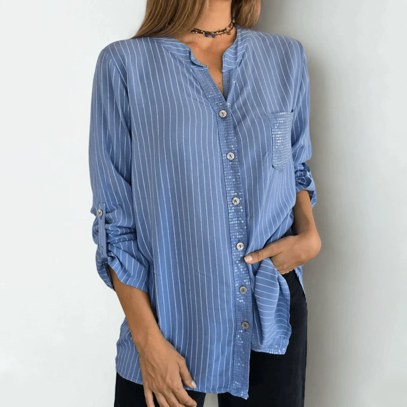 Women's V-Neck Striped Button-Down Shirt