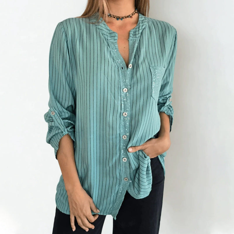 Women's V-Neck Striped Button-Down Shirt