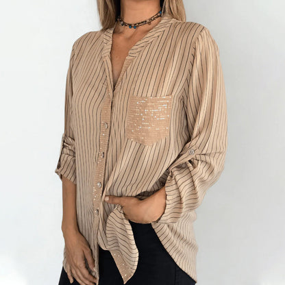 Women's V-Neck Striped Button-Down Shirt