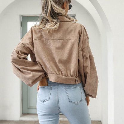 🧥 Women's Cropped Corduroy Jacket with Balloon Sleeves ✨