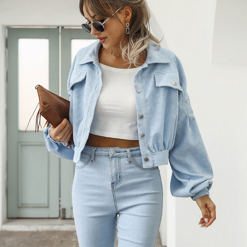 🧥 Women's Cropped Corduroy Jacket with Balloon Sleeves ✨