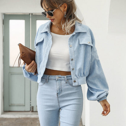 🧥 Women's Cropped Corduroy Jacket with Balloon Sleeves ✨