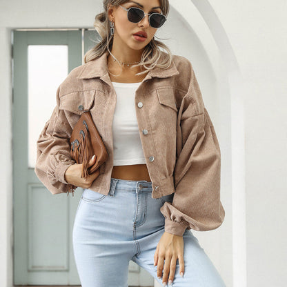 🧥 Women's Cropped Corduroy Jacket with Balloon Sleeves ✨