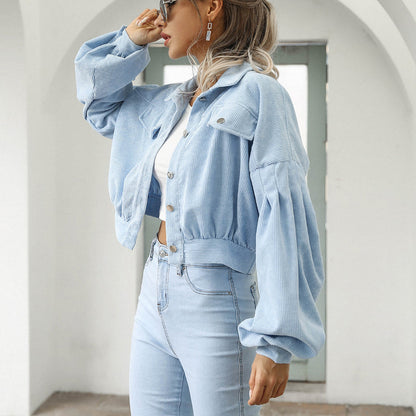 🧥 Women's Cropped Corduroy Jacket with Balloon Sleeves ✨