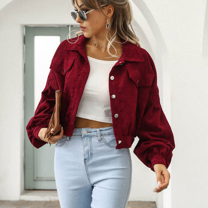 🧥 Women's Cropped Corduroy Jacket with Balloon Sleeves ✨
