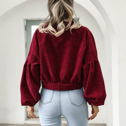 🧥 Women's Cropped Corduroy Jacket with Balloon Sleeves ✨