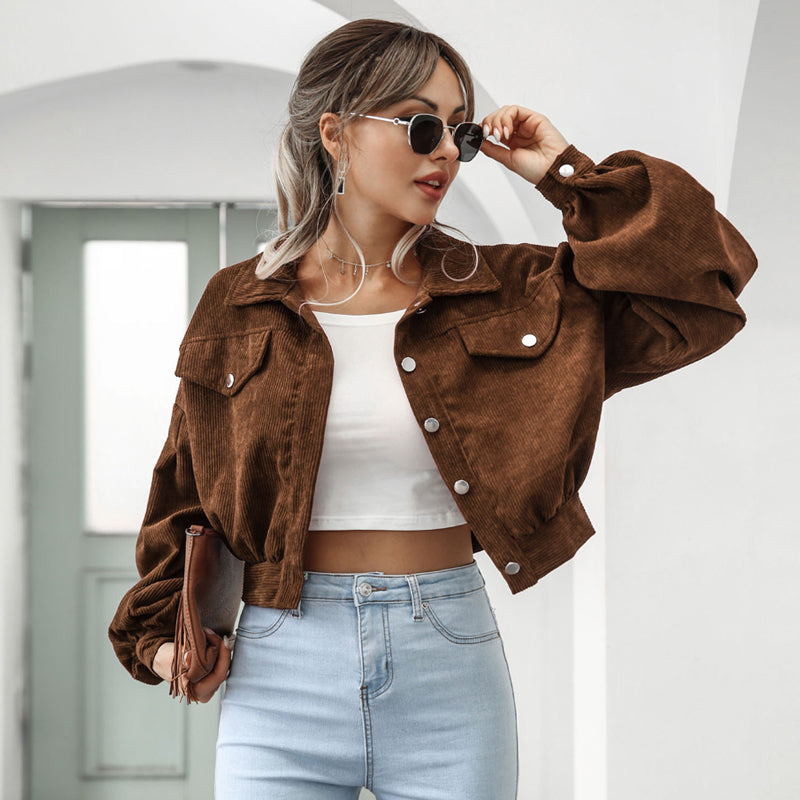 🧥 Women's Cropped Corduroy Jacket with Balloon Sleeves ✨