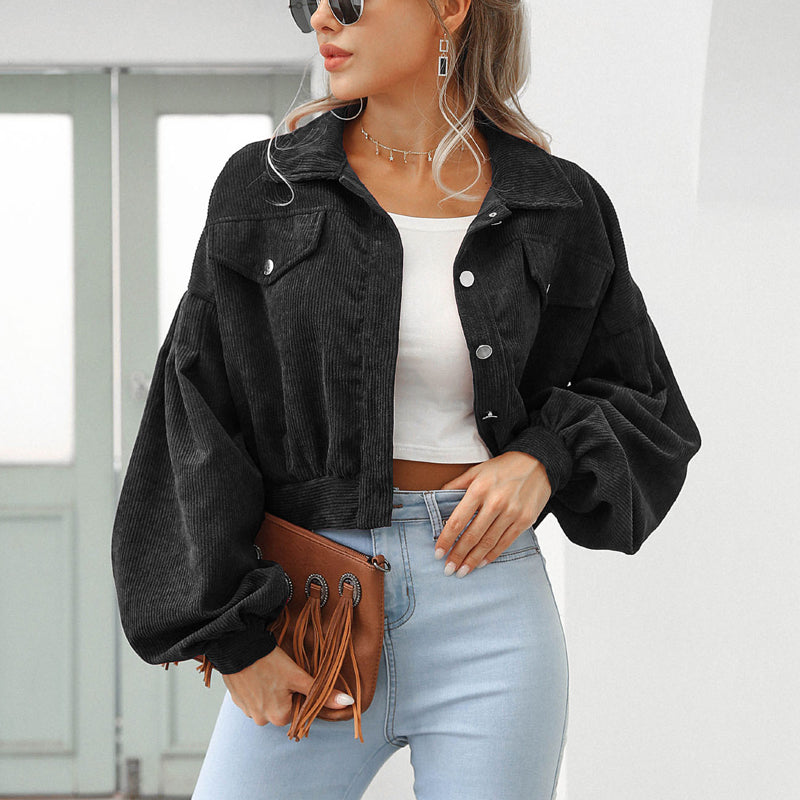 🧥 Women's Cropped Corduroy Jacket with Balloon Sleeves ✨