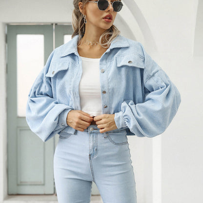 🧥 Women's Cropped Corduroy Jacket with Balloon Sleeves ✨