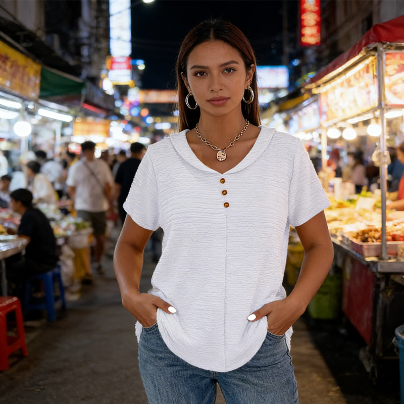 Women's Textured V-Neck Top – Wrinkle-Resistant & Relaxed Fit ✨