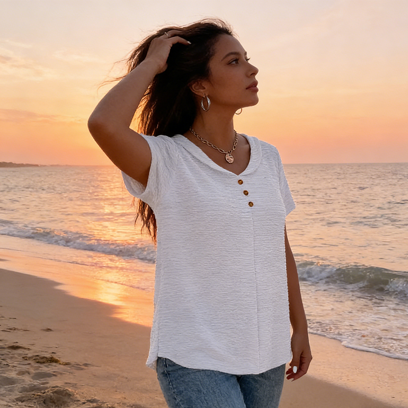 Women's Textured V-Neck Top – Wrinkle-Resistant & Relaxed Fit ✨