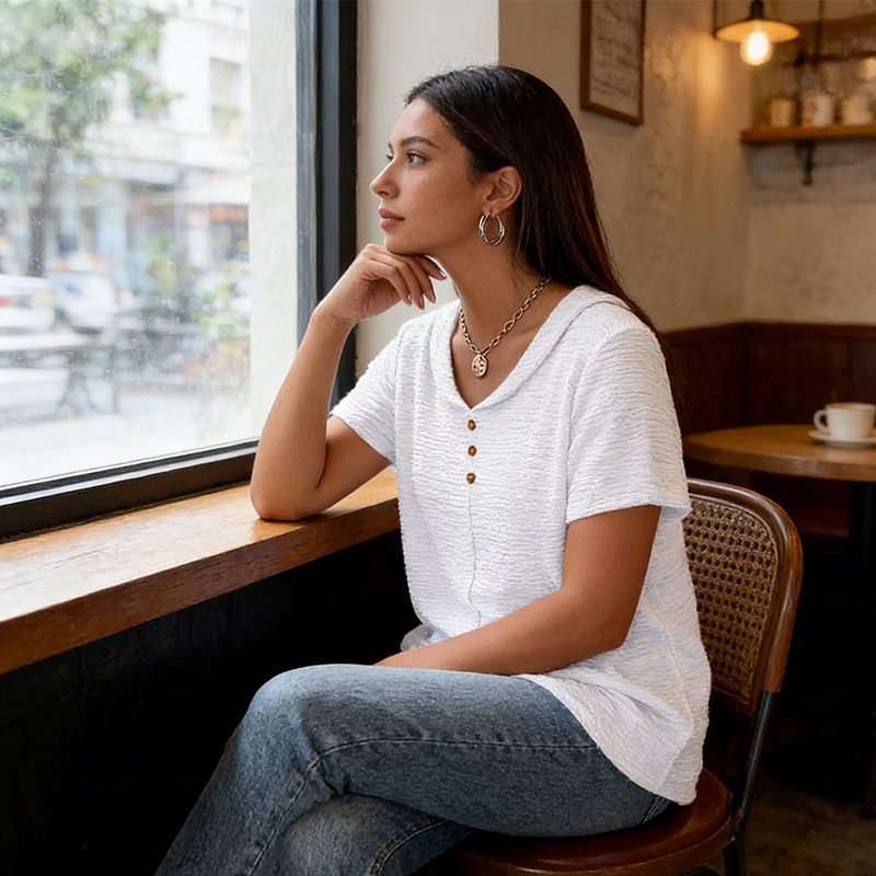 Women's Textured V-Neck Top – Wrinkle-Resistant & Relaxed Fit ✨