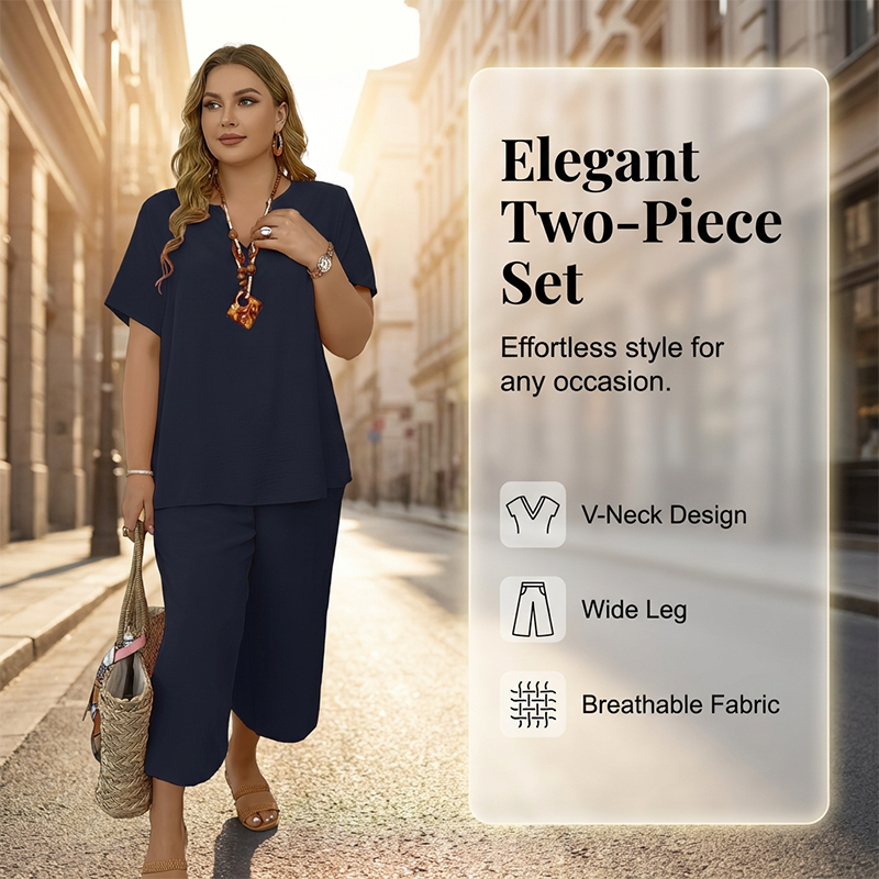 💎 Women's Casual Short-Sleeve Top and Wide-Leg Pants Set💎 Relaxed Fit, Breathable Fabric & V-Neck Design ✨