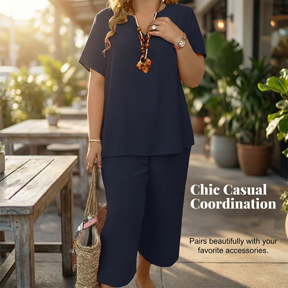 💎 Women's Casual Short-Sleeve Top and Wide-Leg Pants Set💎 Relaxed Fit, Breathable Fabric & V-Neck Design ✨
