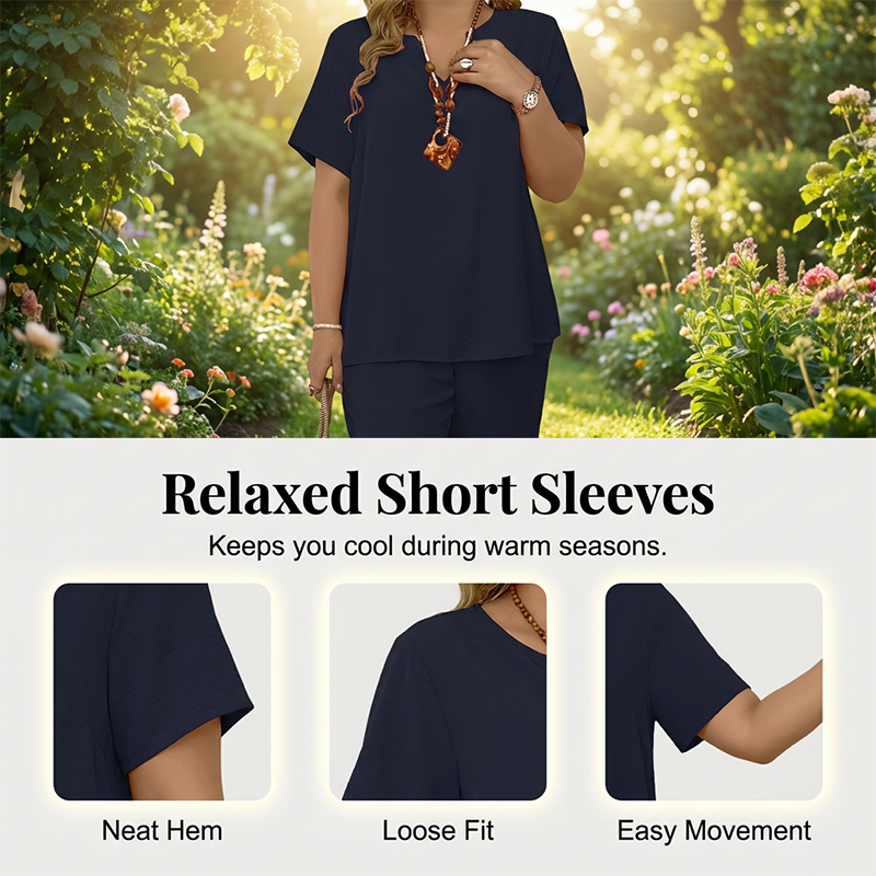 💎 Women's Casual Short-Sleeve Top and Wide-Leg Pants Set💎 Relaxed Fit, Breathable Fabric & V-Neck Design ✨