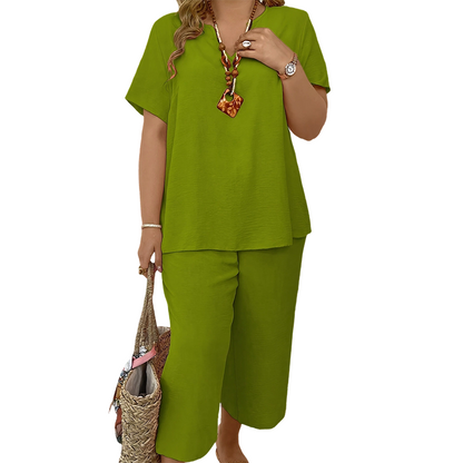 💎 Women's Casual Short-Sleeve Top and Wide-Leg Pants Set💎 Relaxed Fit, Breathable Fabric & V-Neck Design ✨