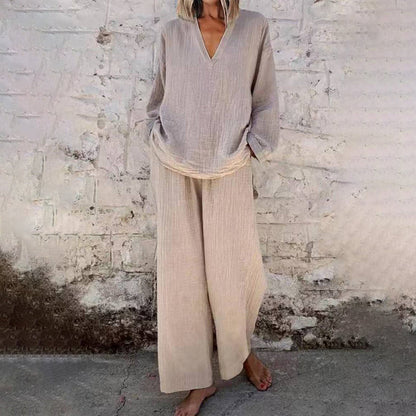 Casual Solid Color V-Neck Long Sleeve Top & Wide-Leg Pants Set