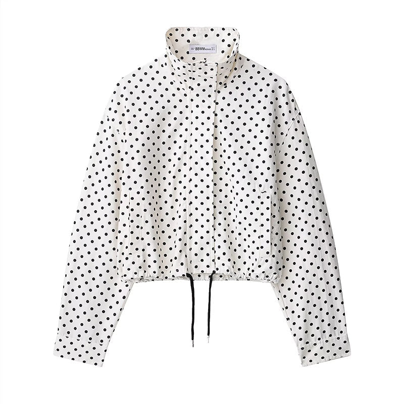 Women's Polka Dot Cropped Jacket with Stand Collar