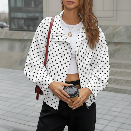 Women's Polka Dot Cropped Jacket with Stand Collar