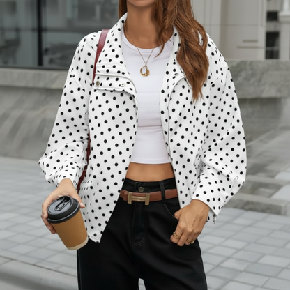 Women's Polka Dot Cropped Jacket with Stand Collar