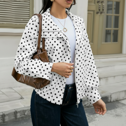 Women's Polka Dot Cropped Jacket with Stand Collar