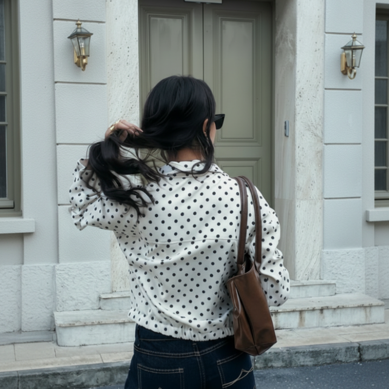 Women's Polka Dot Cropped Jacket with Stand Collar
