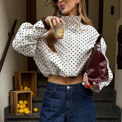 Women's Polka Dot Cropped Jacket with Stand Collar
