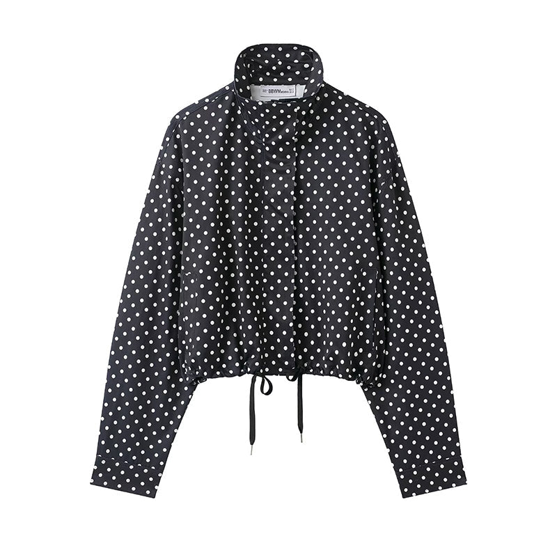 Women's Polka Dot Cropped Jacket with Stand Collar