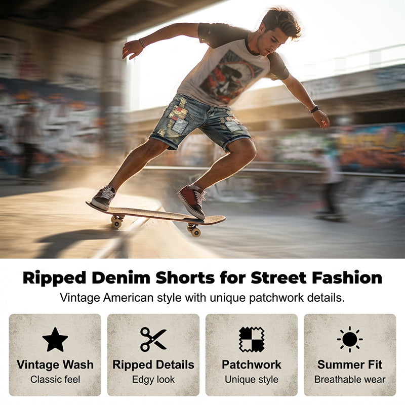🩳 Men's Ripped Denim Shorts – Distressed, Patched, Retro Wash ✨