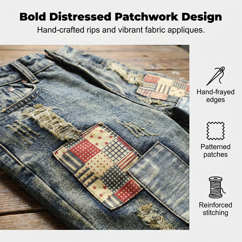 🩳 Men's Ripped Denim Shorts – Distressed, Patched, Retro Wash ✨