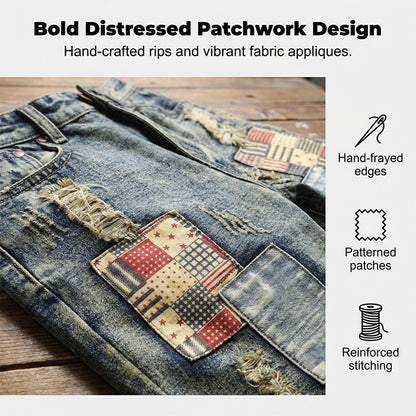 🩳 Men's Ripped Denim Shorts – Distressed, Patched, Retro Wash ✨