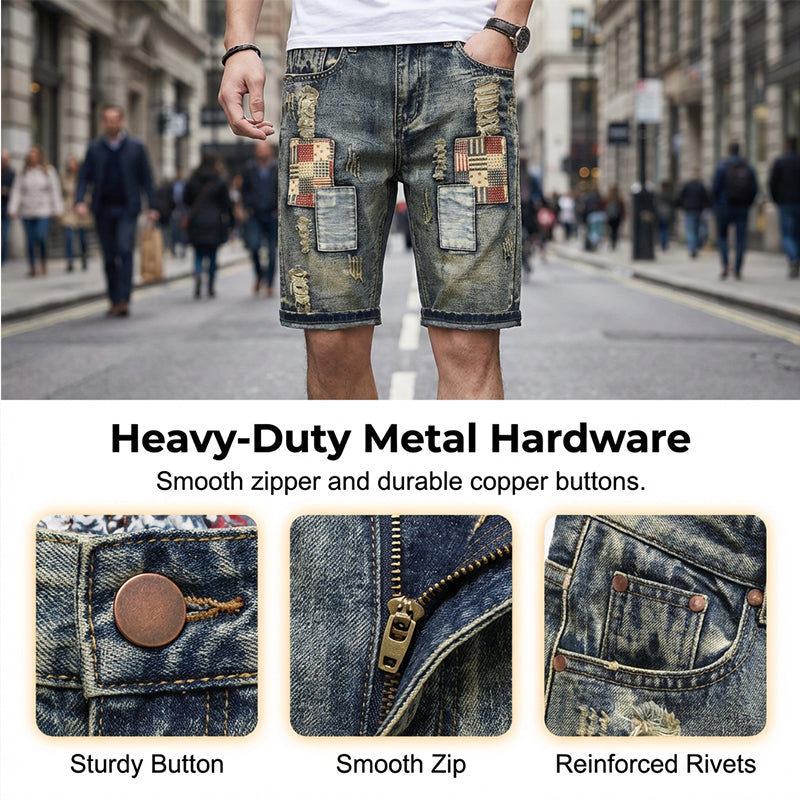 🩳 Men's Ripped Denim Shorts – Distressed, Patched, Retro Wash ✨