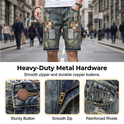 🩳 Men's Ripped Denim Shorts – Distressed, Patched, Retro Wash ✨