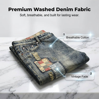 🩳 Men's Ripped Denim Shorts – Distressed, Patched, Retro Wash ✨