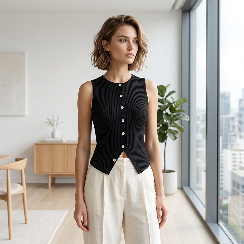 Women's Ribbed Knit Button-Front Sleeveless Vest