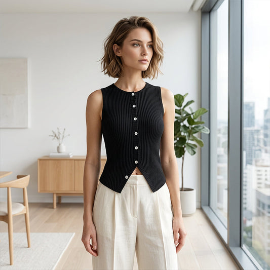 Women's Ribbed Knit Button-Front Sleeveless Vest