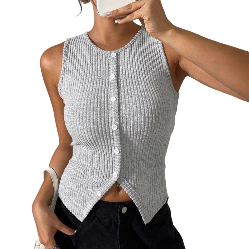 Women's Ribbed Knit Button-Front Sleeveless Vest