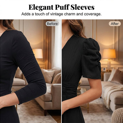 🥳2026 HOT SALE🥳💞50K+ SOLD!💥💕🌿 50% OFF! Elegant Puff Sleeve Dress – V-neck & high waist create hourglass shape. Breathable, wrinkle-resistant. Perfect for mature women. 👗✅