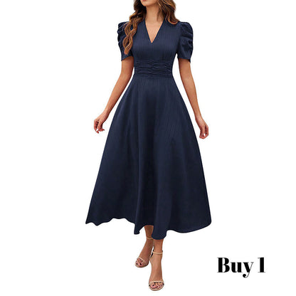 🥳2026 HOT SALE🥳💞50K+ SOLD!💥💕🌿 50% OFF! Elegant Puff Sleeve Dress – V-neck & high waist create hourglass shape. Breathable, wrinkle-resistant. Perfect for mature women. 👗✅
