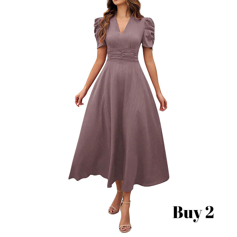 🥳2026 HOT SALE🥳💞50K+ SOLD!💥💕🌿 50% OFF! Elegant Puff Sleeve Dress – V-neck & high waist create hourglass shape. Breathable, wrinkle-resistant. Perfect for mature women. 👗✅